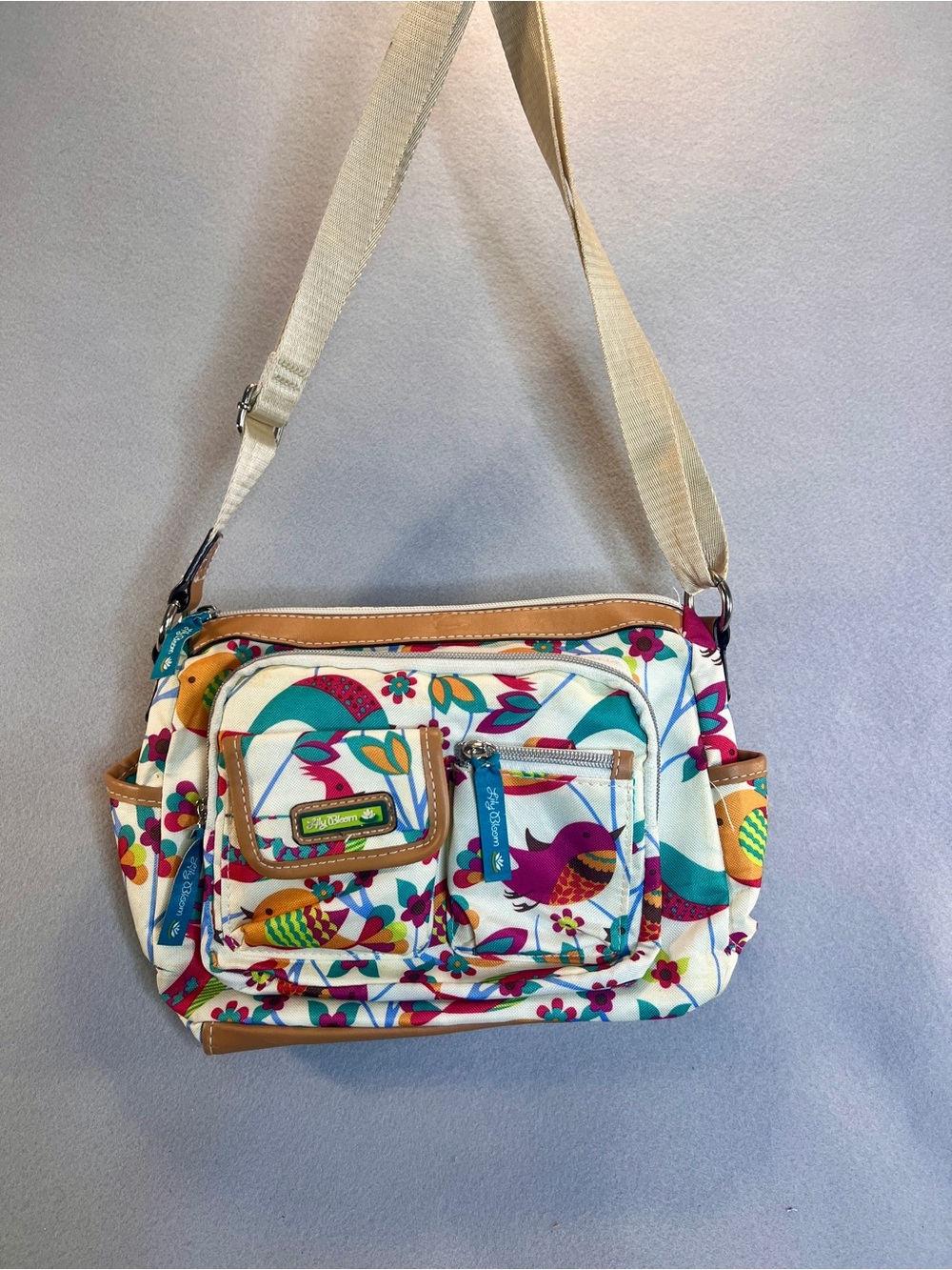 Lily Bloom Regina Crossbody Bag Colorful Birds Mid Size Multi Zip Pockets